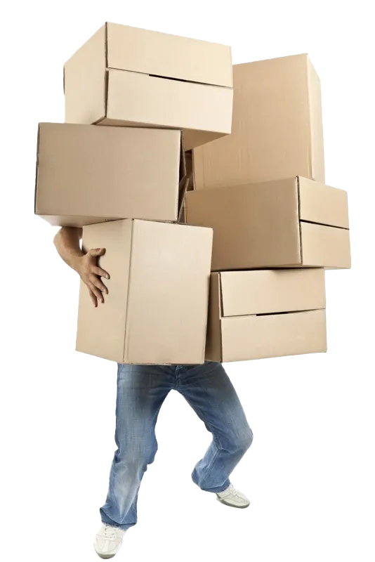 Man perilously holding stack of boxes